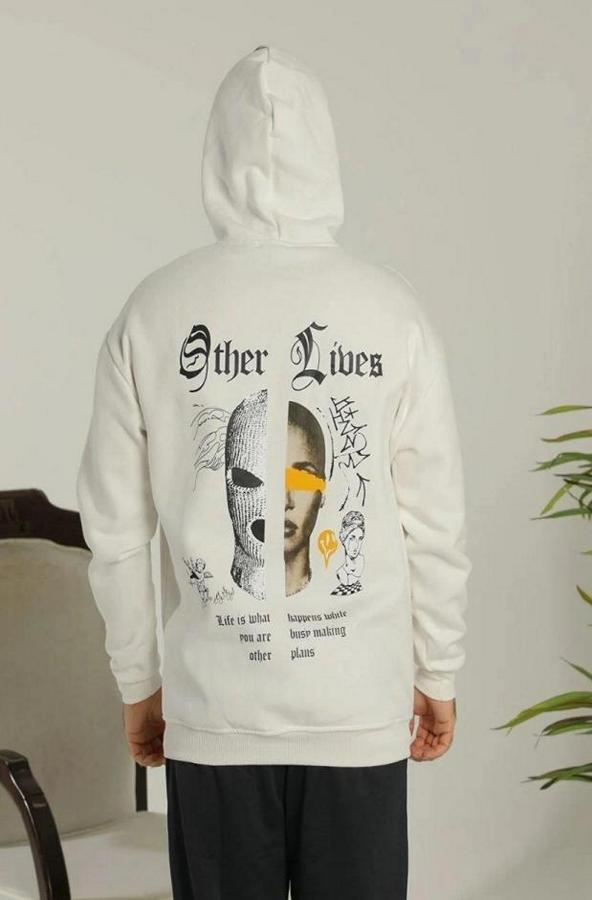 Oversize Üç Iplik Şardonlu Kapüşonlu Sweatshirt – Beyaz “other Lives” Ön Ve Arka Baskılı, Kanguru Cepli, Ribanalı Rahat Kışlık Model Beyaz