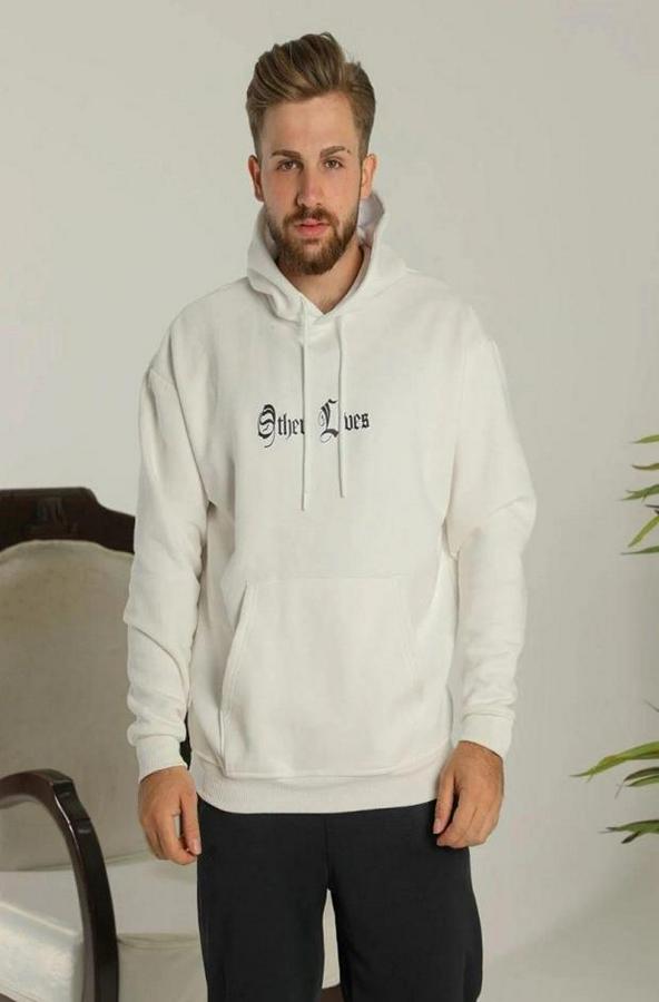 Oversize Üç Iplik Şardonlu Kapüşonlu Sweatshirt – Beyaz “other Lives” Ön Ve Arka Baskılı, Kanguru Cepli, Ribanalı Rahat Kışlık Model Beyaz