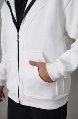 Samuray Kapşonlu Zip Fermuarlı Çift Kapşonlu Nakışlı Sweatshirt- Beyaz