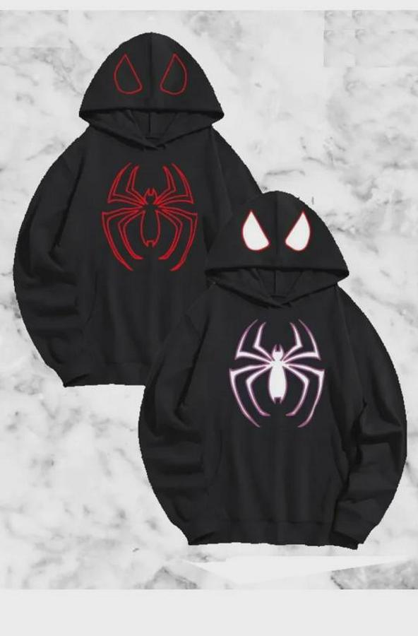 Sevgili Çift Kombini Örümcek Baskılı Kapüşonlu Sweatshirt Hoodie