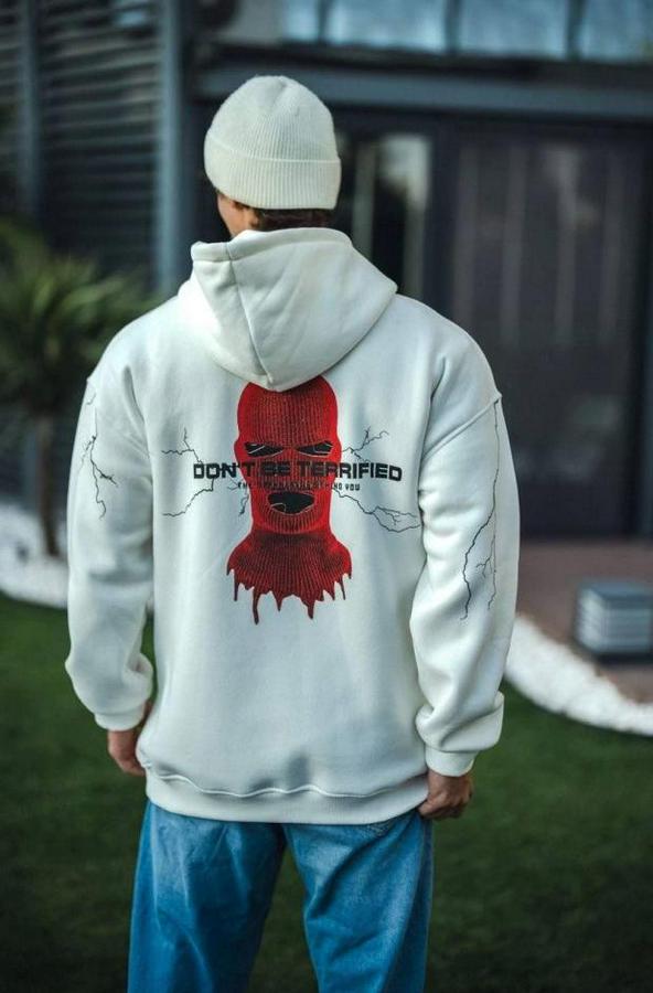 Üç Iplik Kapşonlu Baskılı Oversize Sweatshirt- Beyaz