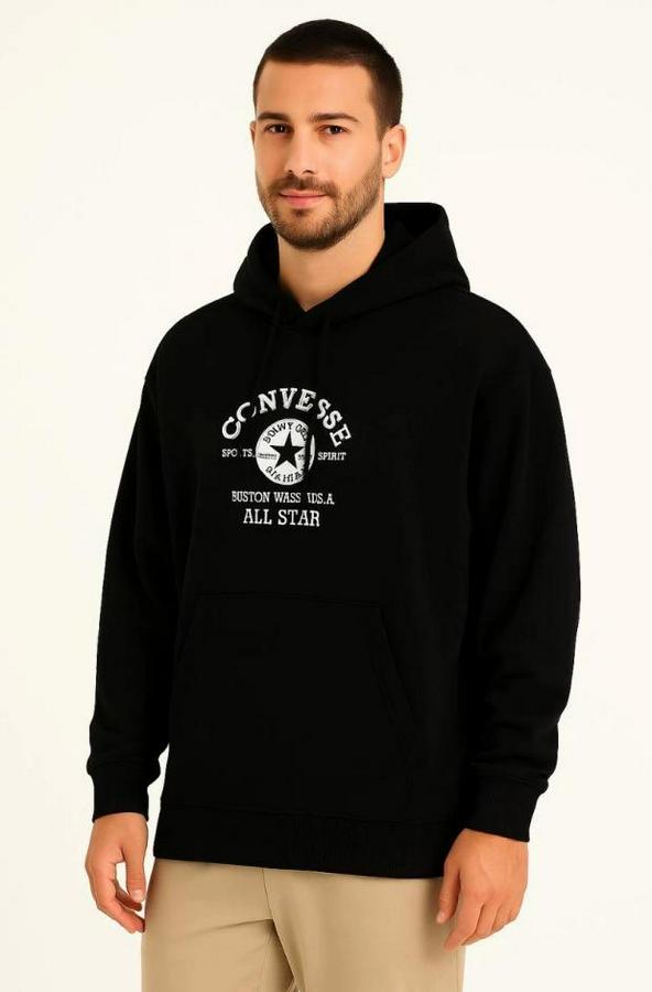 Üç Iplik Kapşonlu Ön Ve Arka Baskılı Sweatshirt Hoodie- Siyah