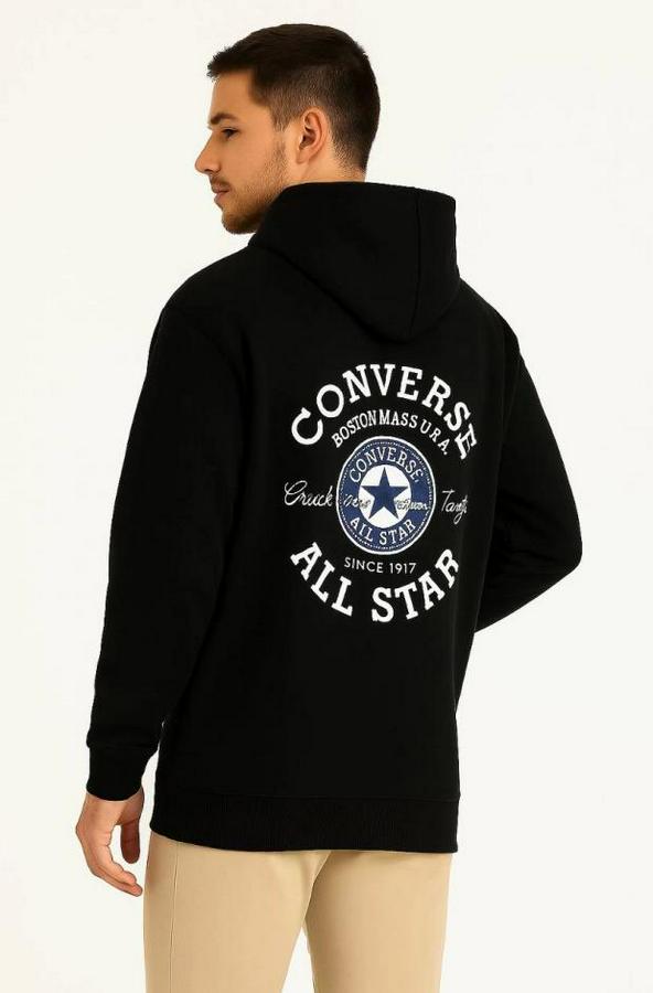 Üç Iplik Kapşonlu Ön Ve Arka Baskılı Sweatshirt Hoodie- Siyah