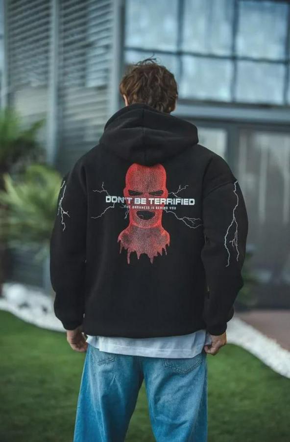 Üç Iplik Kapüşonlu Baskılı Oversize Sweatshirt- Siyah
