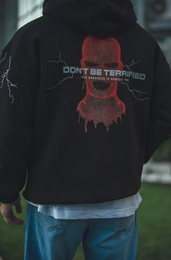 Üç Iplik Kapüşonlu Baskılı Oversize Sweatshirt- Siyah