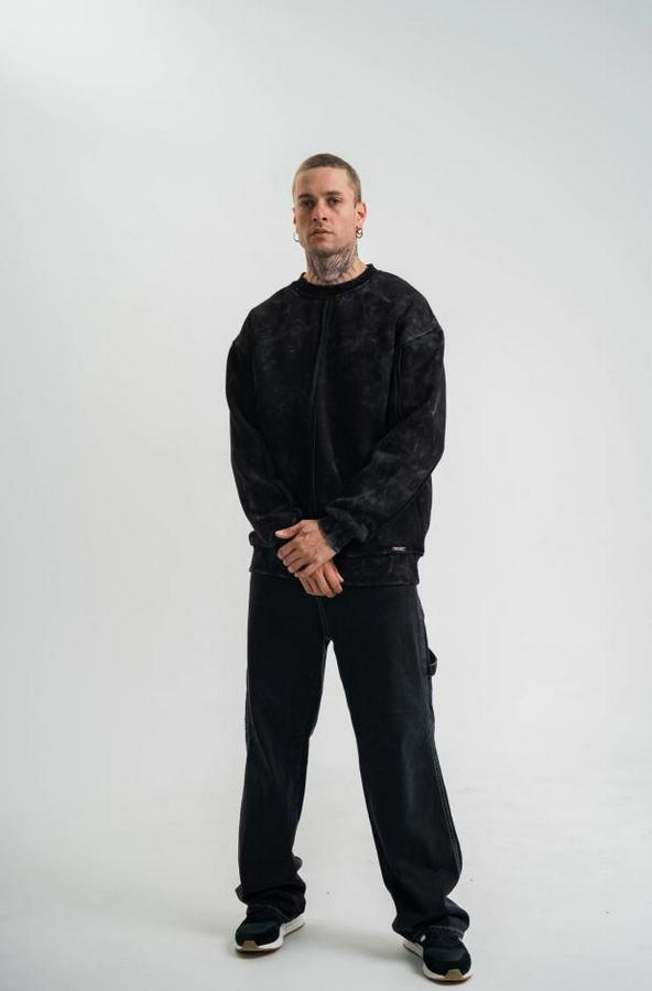 Unisex Bisiklet Yaka Özel Pis Dikişli Yıkamalı Sweatshirt