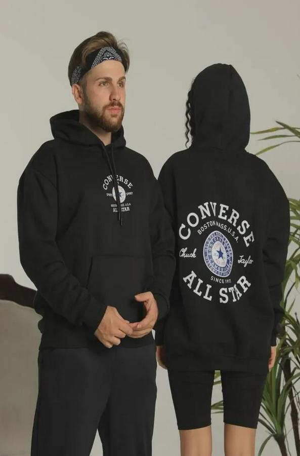 Unisex Oversize Üç Iplik Şardonlu Kapüşonlu Sweatshirt – All Star Ön Ve Arka Baskılı, Kanguru Cepli, Rahat Kalıp Kışlık Model