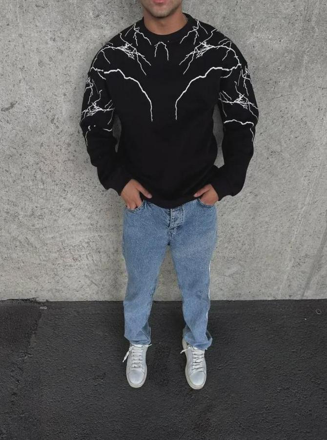 Yıldırım Baskılı Bisiklet Yaka Sweatshirt