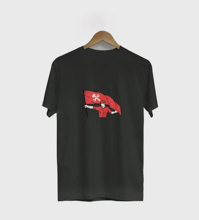 Mayıs Emek Ve Dayanışma Bayraklı Emekçi Baskılı Bisiklet Yaka T-Shirt