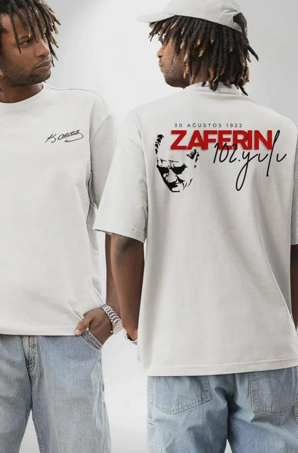 Ağustos Zafer Bayramı Ön Arka Baskılı Oversize Bisiklet Yaka T-Shirt