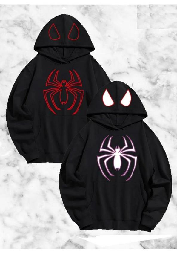 Örümcek Baskılı Sevgili Çift Kombini Kapüşonlu Sweatshirt & Hodie - Siyah