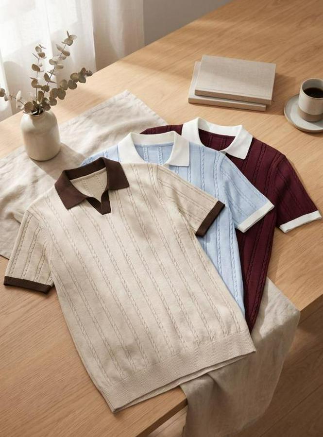 'Lü Paket Örgü Desen Yakalı Kısa Kollu Triko Tişört