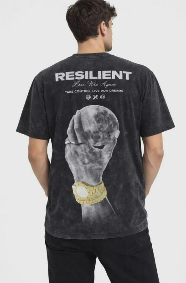 Asit Yıkamalı Baskılı Tişört Bisiklet Yaka Kısa Kollu Streetwear T-Shirt