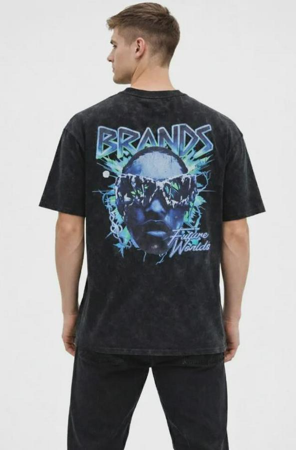 Asit Yıkamalı Oversize Tişört Future Worlds Baskılı Bisiklet Yaka Kısa Kollu Streetwear %100 Pamuk Street Style T-Shirt