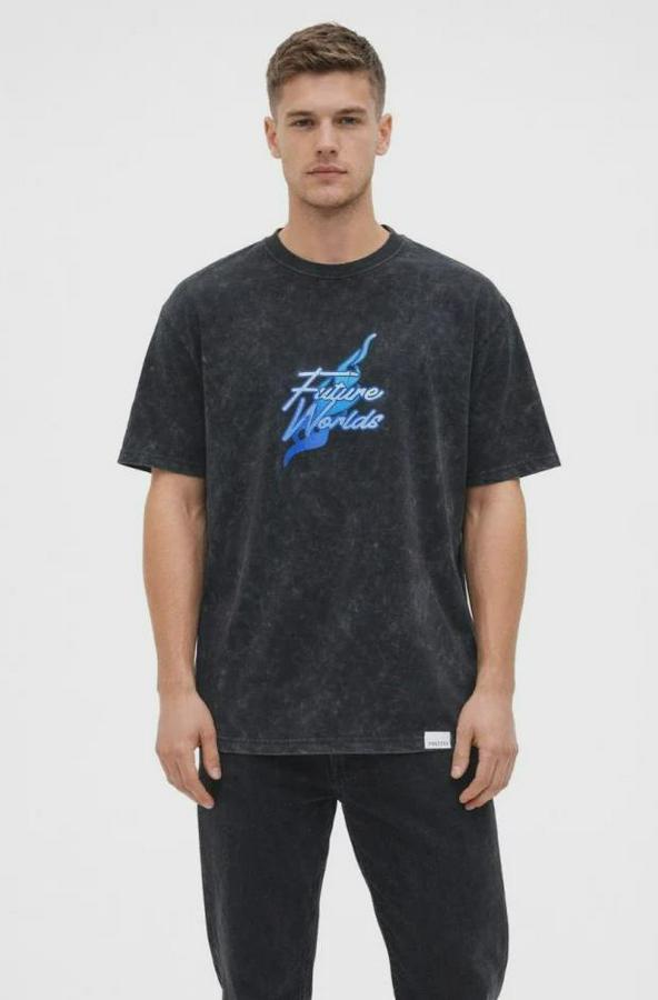 Asit Yıkamalı Oversize Tişört Future Worlds Baskılı Bisiklet Yaka Kısa Kollu Streetwear %100 Pamuk Street Style T-Shirt