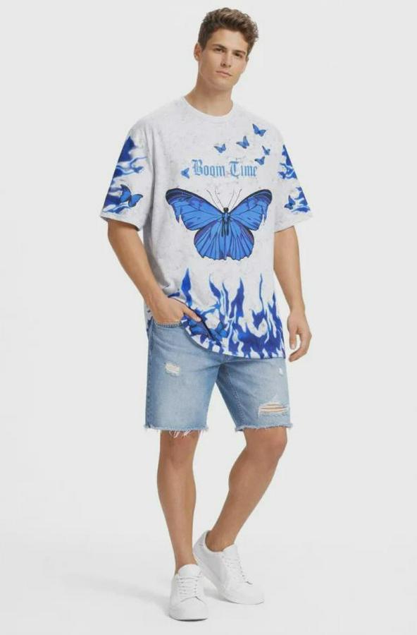 Asit Yıkamalı Oversize Tişört Mavi Kelebek Baskılı Dijital Print Bisiklet Yaka Streetwear T-Shirt