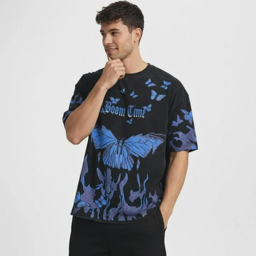 Asit Yıkamalı Oversize Tişört Mavi Kelebek Baskılı Dijital Print Bisiklet Yaka Streetwear T-Shirt