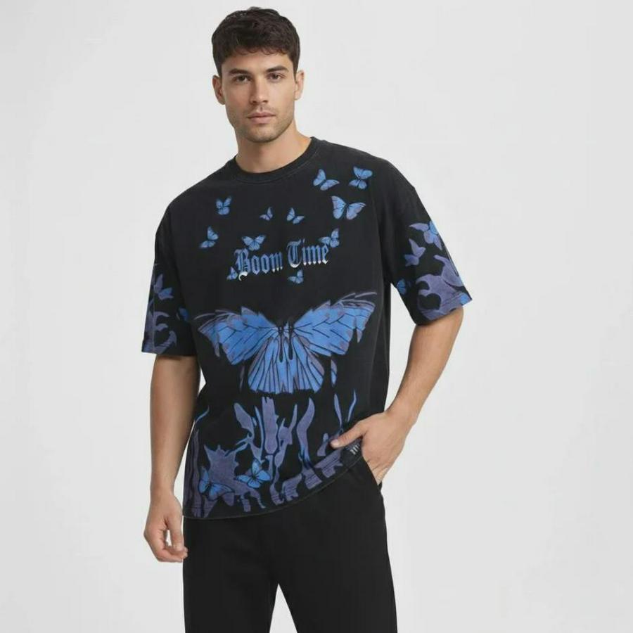 Asit Yıkamalı Oversize Tişört Mavi Kelebek Baskılı Dijital Print Bisiklet Yaka Streetwear T-Shirt