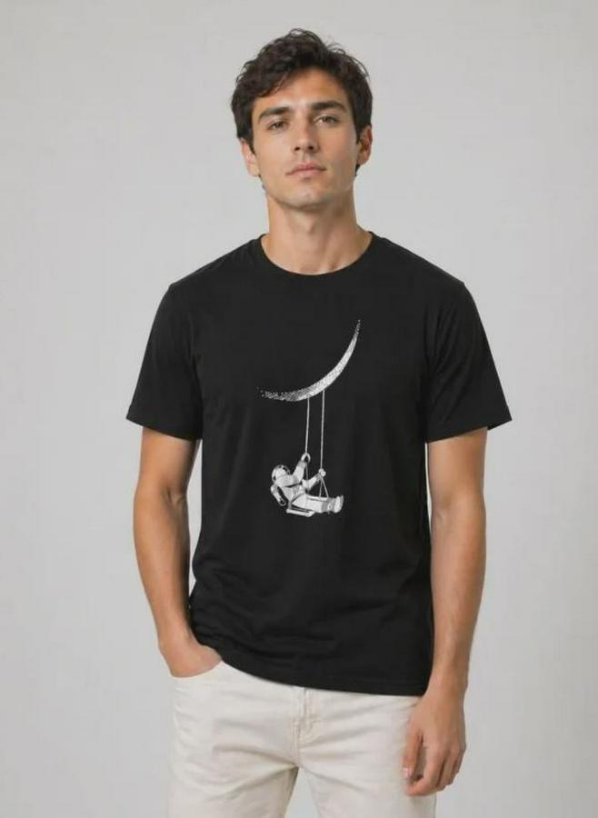 Astronot Ay Temalı Tişört Kısa Kol Yazlık Bisiklet Yaka T-Shirt