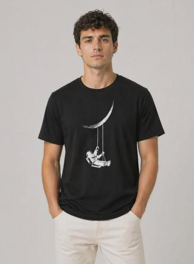 Astronot Ay Temalı Tişört Kısa Kol Yazlık Bisiklet Yaka T-Shirt