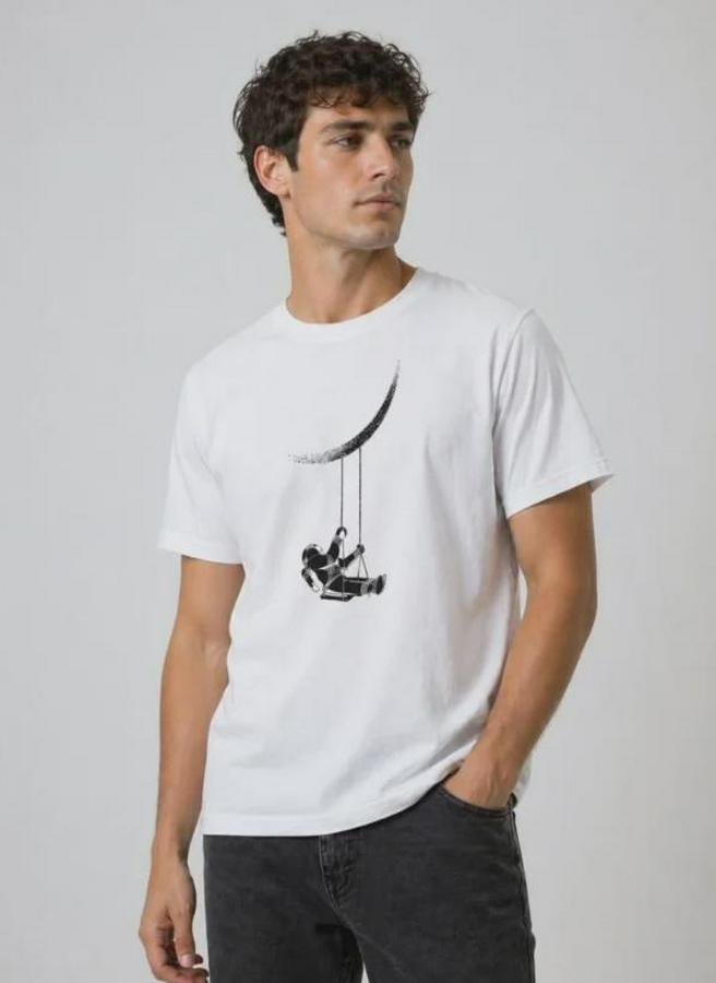 Astronot Ay Temalı Tişört Kısa Kol Yazlık Bisiklet Yaka T-Shirt