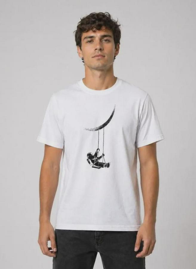 Astronot Ay Temalı Tişört Kısa Kol Yazlık Bisiklet Yaka T-Shirt