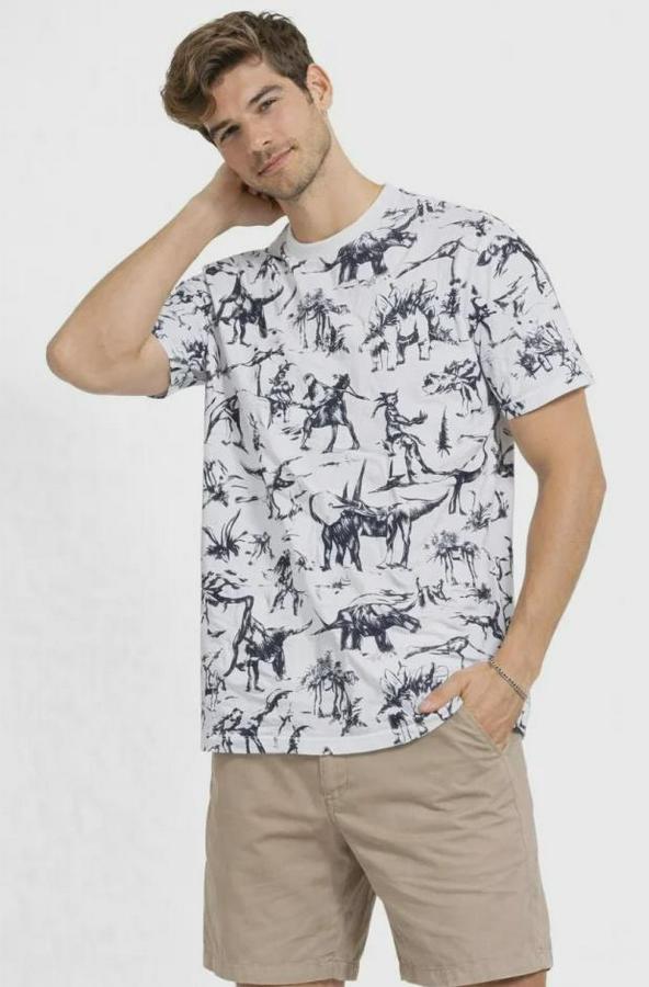 Beyaz Dinozor Desenli Tişört – Regular Fit, Bisiklet Yaka, Dijital Baskılı Pamuklu T-Shirt