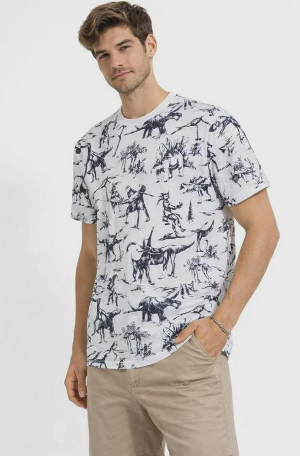 Beyaz Dinozor Desenli Tişört – Regular Fit, Bisiklet Yaka, Dijital Baskılı Pamuklu T-Shirt