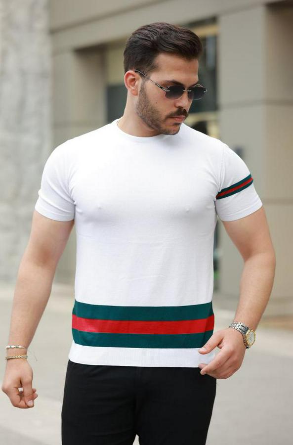 Bisiklet Yaka Bel Ve Kol Şerit Desenli Kısa Kollu Tişört