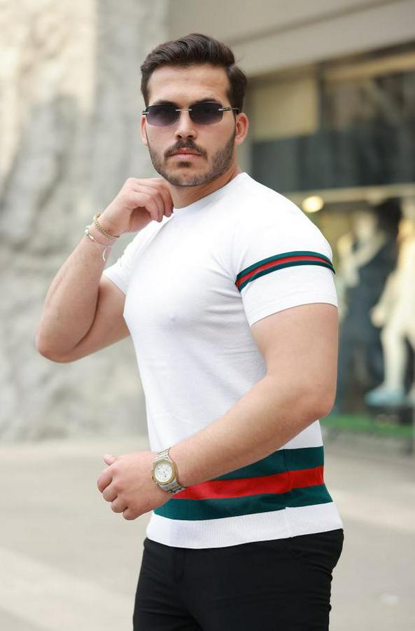 Bisiklet Yaka Bel Ve Kol Şerit Desenli Kısa Kollu Tişört