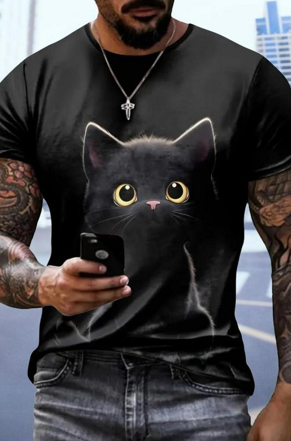 Bisiklet Yaka Kedi Baskılı Süprem T-Shirt