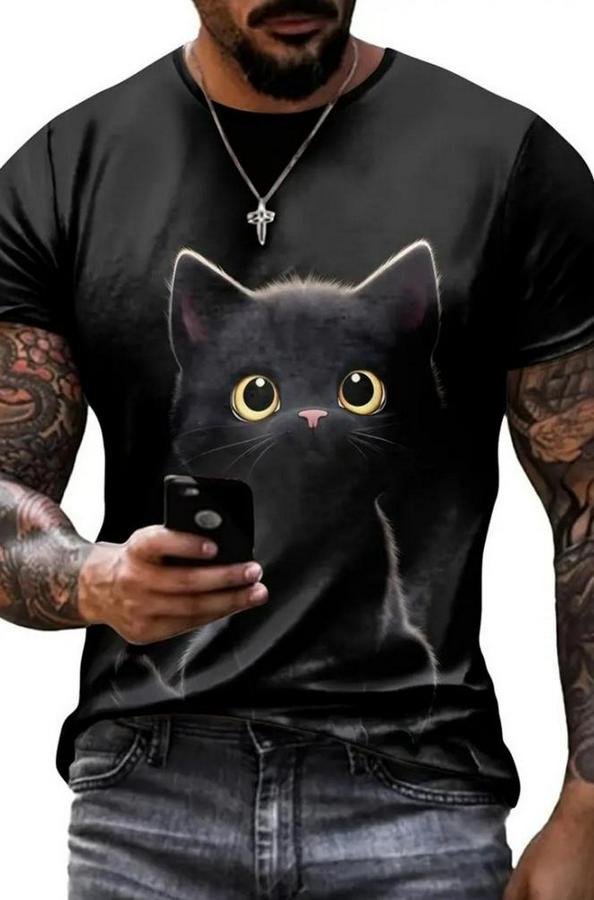 Bisiklet Yaka Kedi Baskılı Süprem T-Shirt