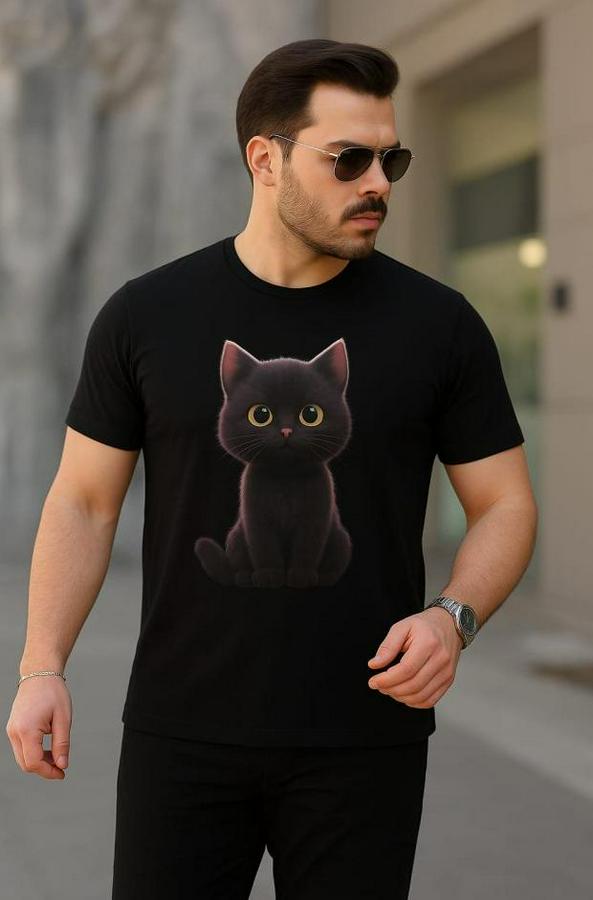 Bisiklet Yaka Kedi Baskılı Süprem T-Shirt
