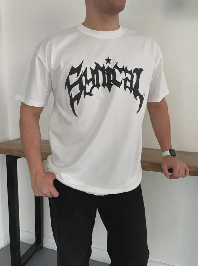 Bisiklet Yaka Ön Baskılı Kısa Kollu Tişört Streetwear Günlük Basic Pamuklu T-Shirt