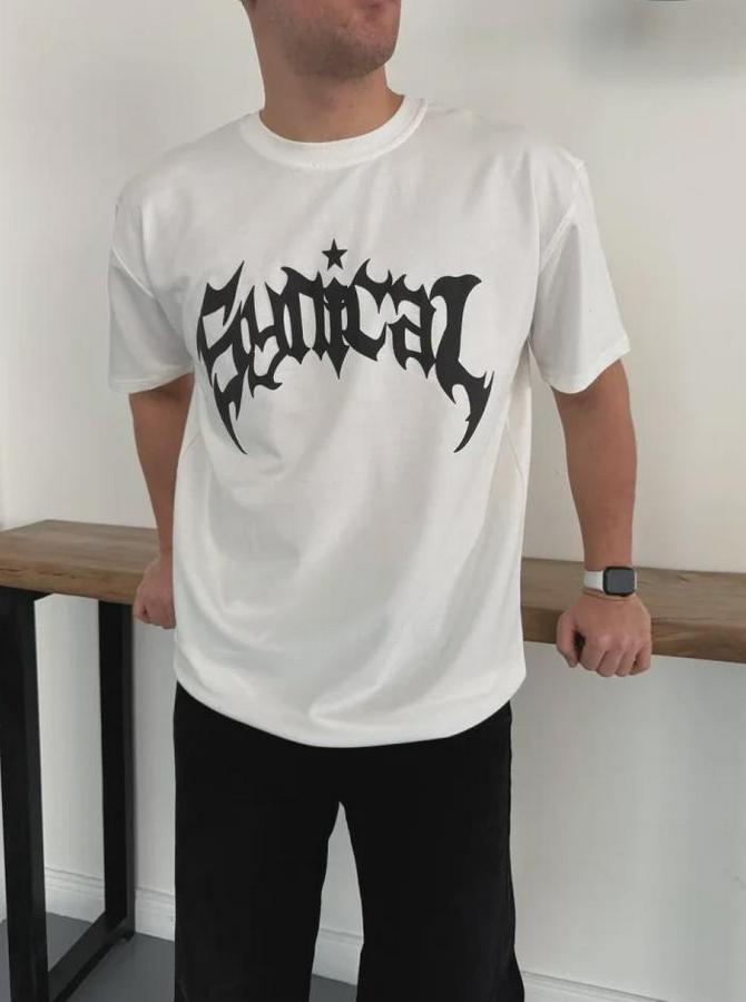 Bisiklet Yaka Ön Baskılı Kısa Kollu Tişört Streetwear Günlük Basic Pamuklu T-Shirt