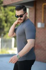 Bisiklet Yaka Örgü Desenli Kısa Örme Triko Kısa Kollu T-Shirt