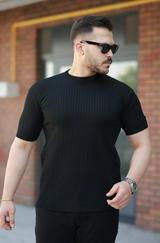 Bisiklet Yaka Örgü Desenli Kısa Örme Triko Kısa Kollu T-Shirt