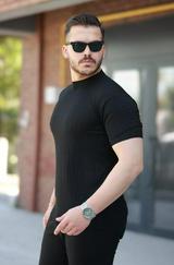 Bisiklet Yaka Örgü Desenli Kısa Örme Triko Kısa Kollu T-Shirt
