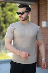 Bisiklet Yaka Örgü Desenli Kısa Örme Triko Kısa Kollu T-Shirt