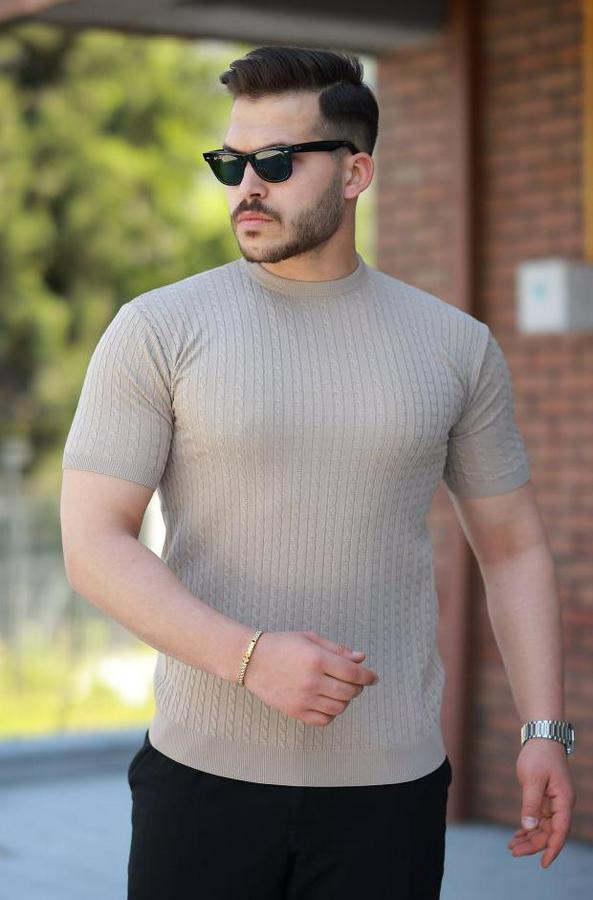 Bisiklet Yaka Örgü Desenli Kısa Örme Triko Kısa Kollu T-Shirt