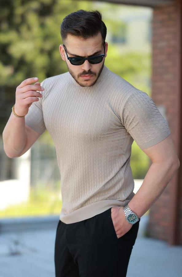 Bisiklet Yaka Örgü Desenli Kısa Örme Triko Kısa Kollu T-Shirt