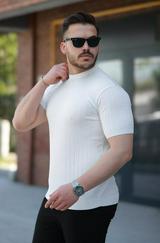 Bisiklet Yaka Örgü Desenli Kısa Örme Triko Kısa Kollu T-Shirt