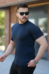Bisiklet Yaka Örgü Desenli Kısa Örme Triko Kısa Kollu T-Shirt