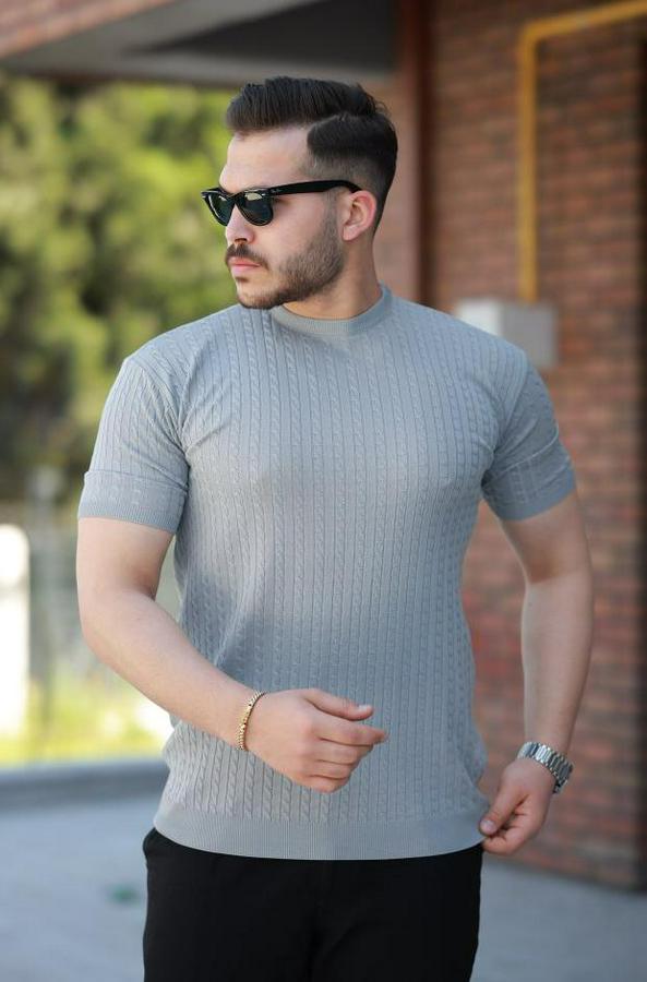 Bisiklet Yaka Örgü Desenli Kısa Örme Triko Kısa Kollu T-Shirt