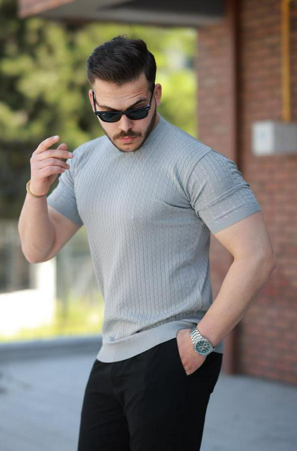 Bisiklet Yaka Örgü Desenli Kısa Örme Triko Kısa Kollu T-Shirt