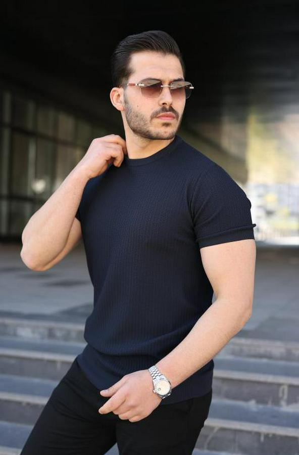 Bisiklet Yaka Petek Dokulu Kısa Kollu Triko Tişört