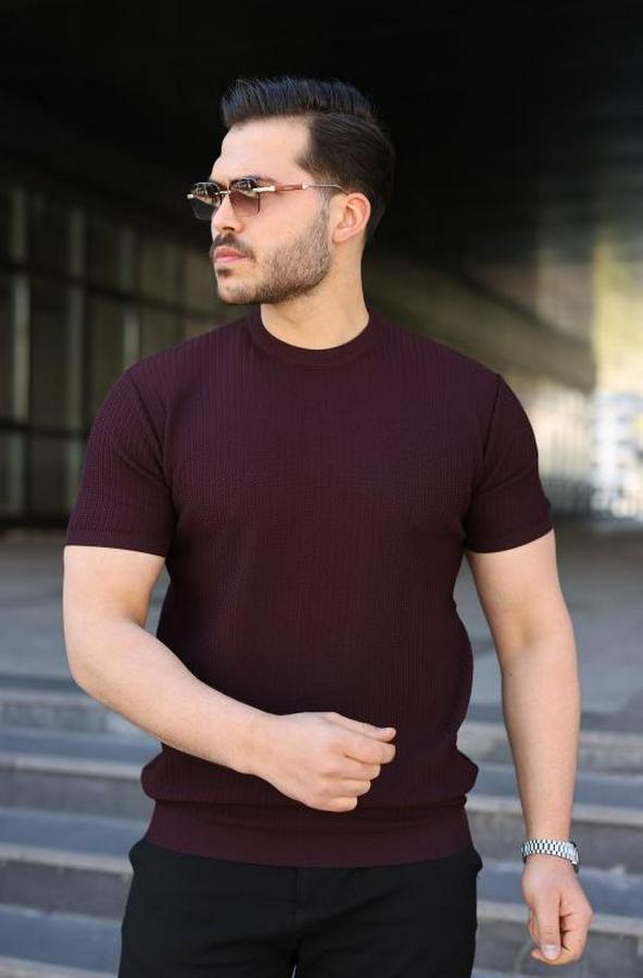 Bisiklet Yaka Petek Dokulu Kısa Kollu Triko Tişört