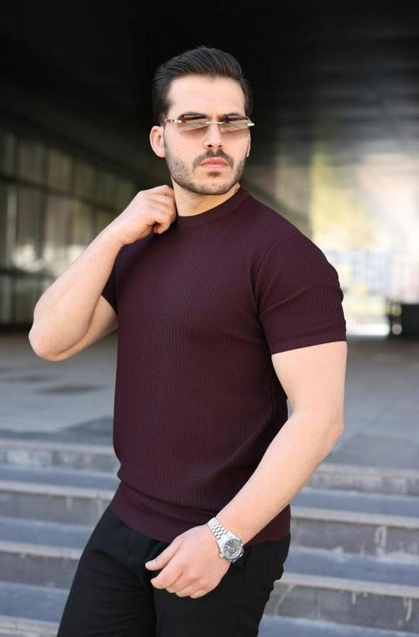 Bisiklet Yaka Petek Dokulu Kısa Kollu Triko Tişört