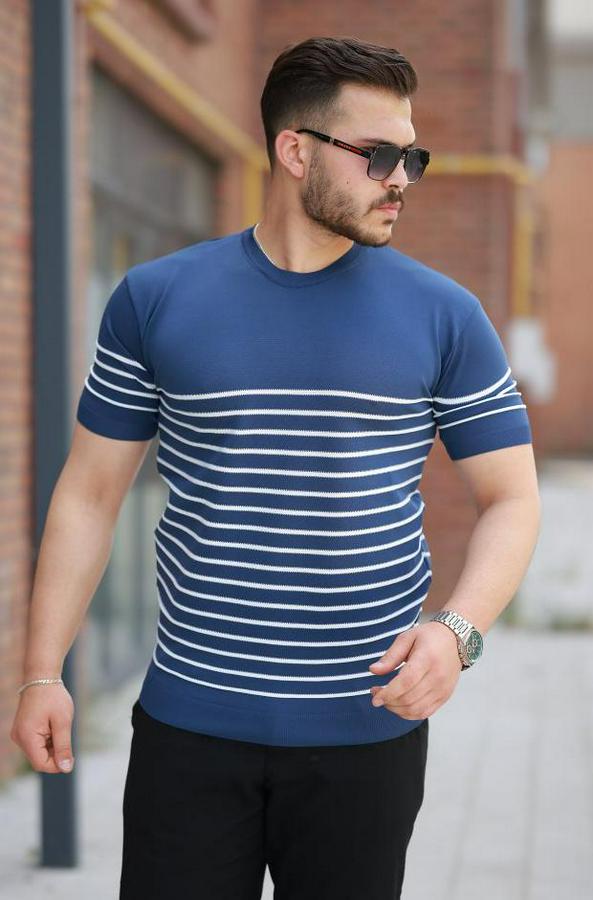 Çizgi Desenli Bisiklet Yaka Kısa Kollu T-Sihrt