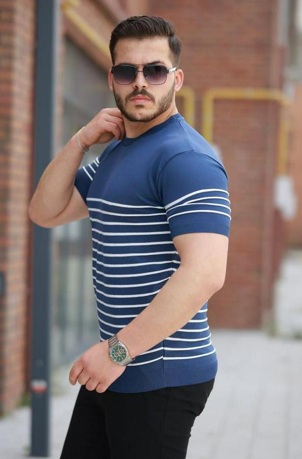 Çizgi Desenli Bisiklet Yaka Kısa Kollu T-Sihrt